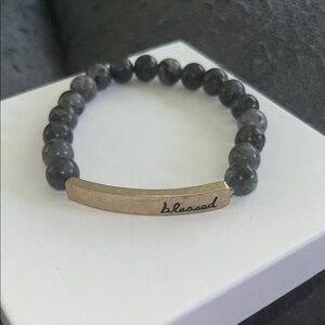 Beaded 'Blessed' Stretch Bracelet - Gray and Gold